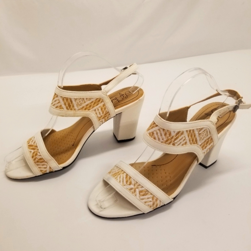 LifeStride Luna Woman Size 8.5 White Tan Woven Sandal Chunky Block Heel